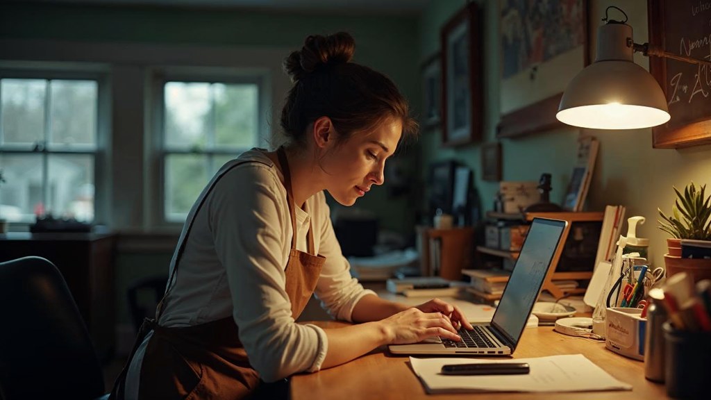 A small-business owner in an apron leaning over a laptop on a cluttered back-office desk late in the day, photographed in Madison
