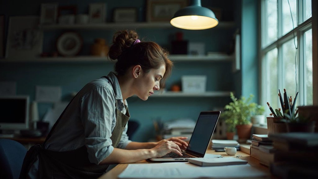 A small-business owner in an apron leaning over a laptop on a cluttered back-office desk late in the day, photographed in Madison