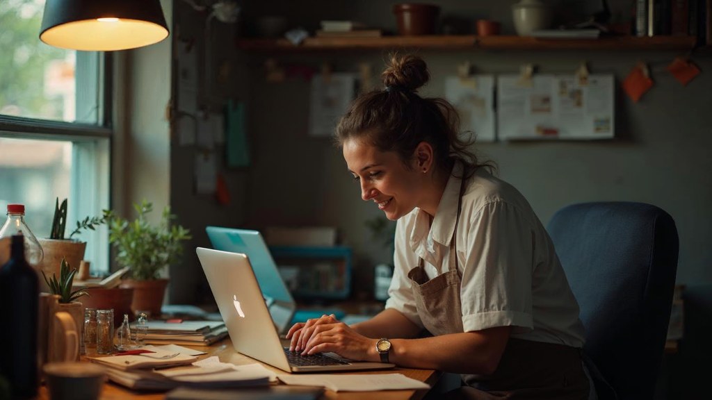 A small-business owner in an apron leaning over a laptop on a cluttered back-office desk late in the day, photographed in Madison
