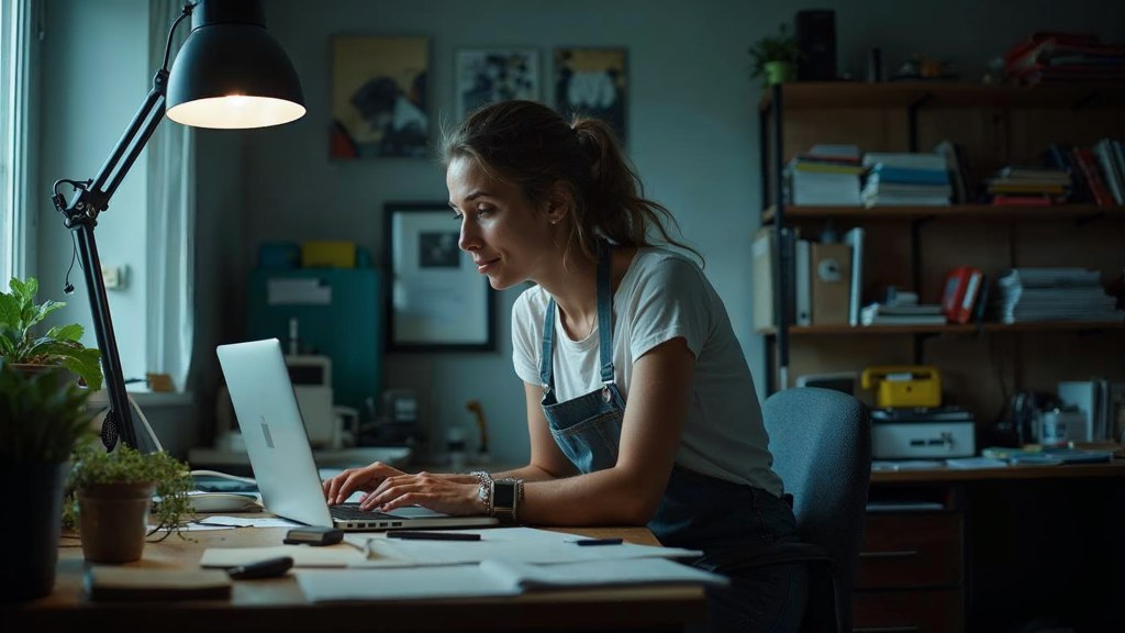 A small-business owner in an apron leaning over a laptop on a cluttered back-office desk late in the day, photographed in Madison