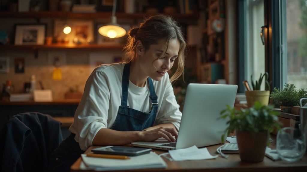 A small-business owner in an apron leaning over a laptop on a cluttered back-office desk late in the day, photographed in Madison