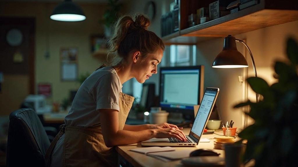 A small-business owner in an apron leaning over a laptop on a cluttered back-office desk late in the day, photographed in Madison