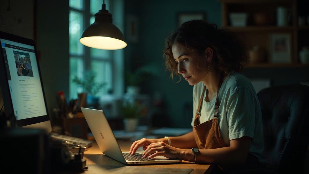 A small-business owner in an apron leaning over a laptop on a cluttered back-office desk late in the day, photographed in Madison
