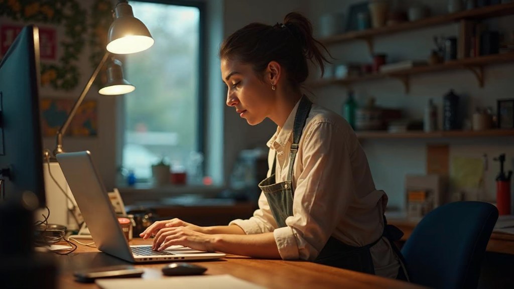 A small-business owner in an apron leaning over a laptop on a cluttered back-office desk late in the day, photographed in Madison