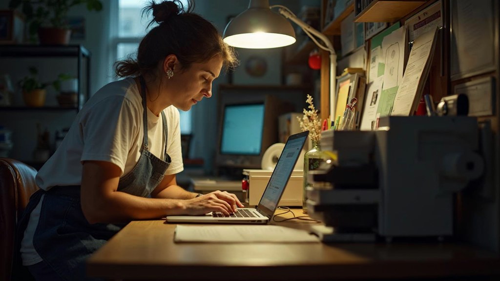 A small-business owner in an apron leaning over a laptop on a cluttered back-office desk late in the day, photographed in Madison