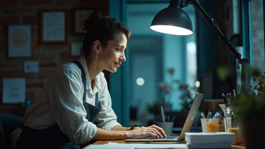 A small-business owner in an apron leaning over a laptop on a cluttered back-office desk late in the day, photographed in Madison
