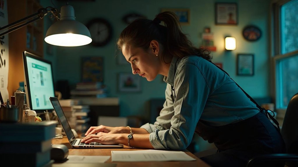 A small-business owner in an apron leaning over a laptop on a cluttered back-office desk late in the day, photographed in Madison