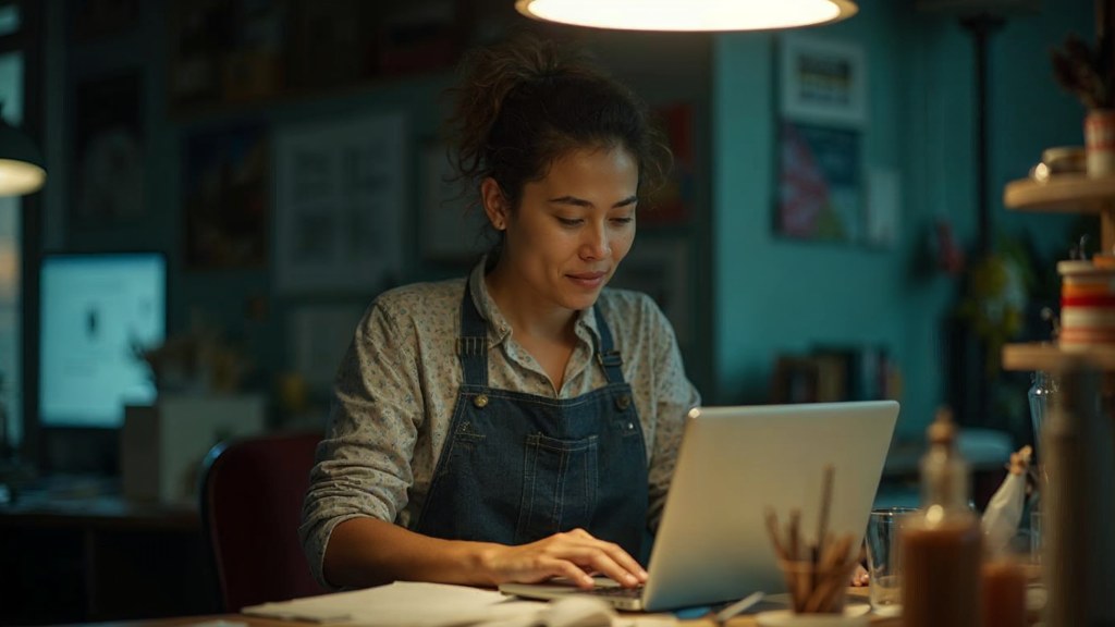 A small-business owner in an apron leaning over a laptop on a cluttered back-office desk late in the day, photographed in Madison