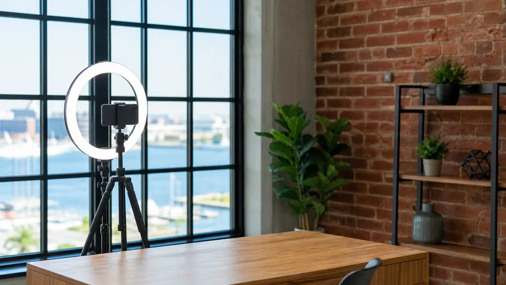 Editorial photograph of a Baltimore content studio corner with a phone on a tripod and a ring light