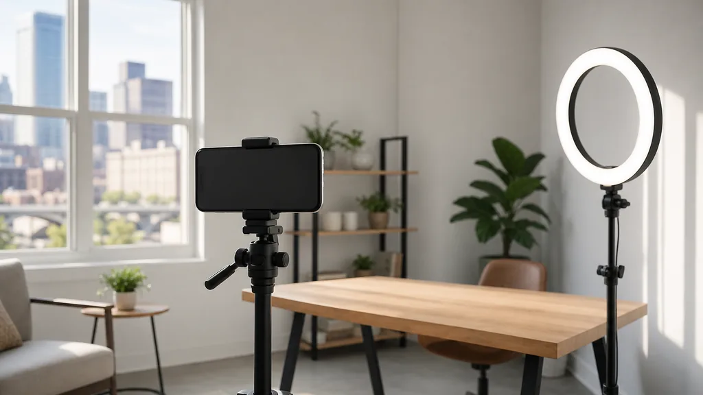 Editorial photograph of a Columbus content studio corner with a phone on a tripod and a ring light