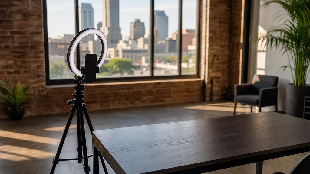 Editorial photograph of an Indianapolis content studio corner with a phone on a tripod and a ring light