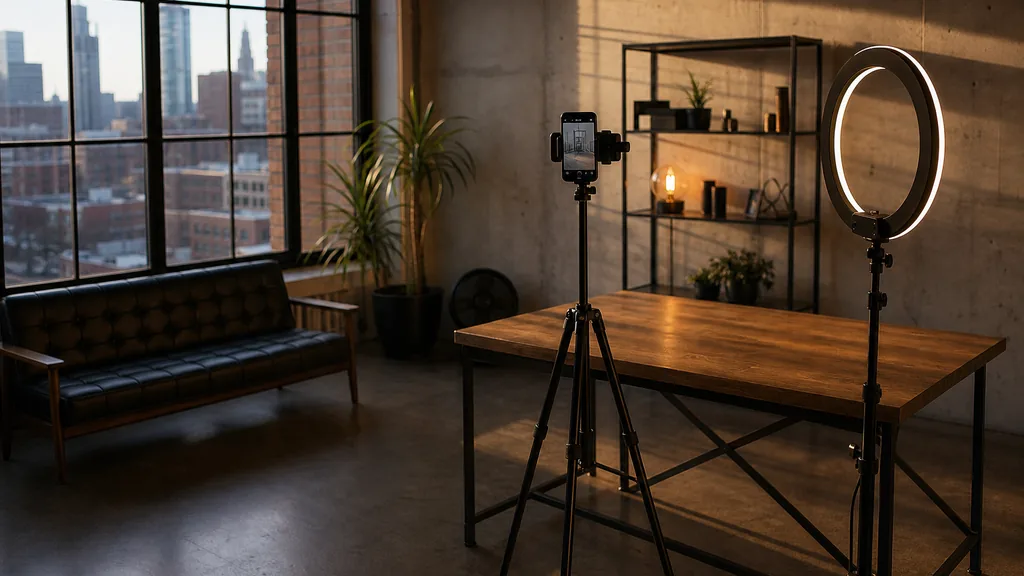 Editorial photograph of a Kansas City content studio corner with a phone on a tripod and a ring light