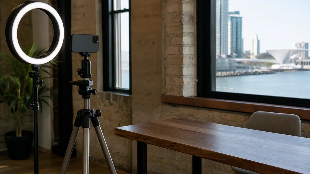 Editorial photograph of a Milwaukee content studio corner with a phone on a tripod and a ring light