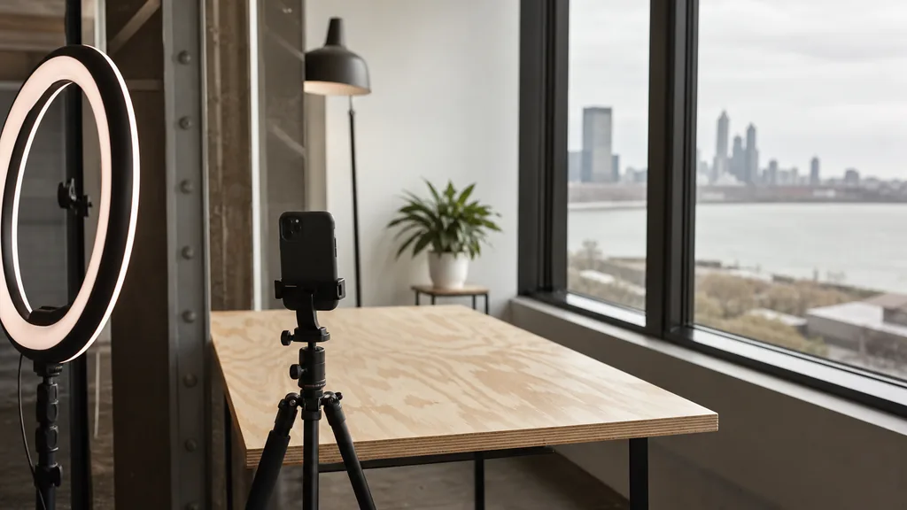 Editorial photograph of a Cleveland content studio corner with a phone on a tripod and a ring light