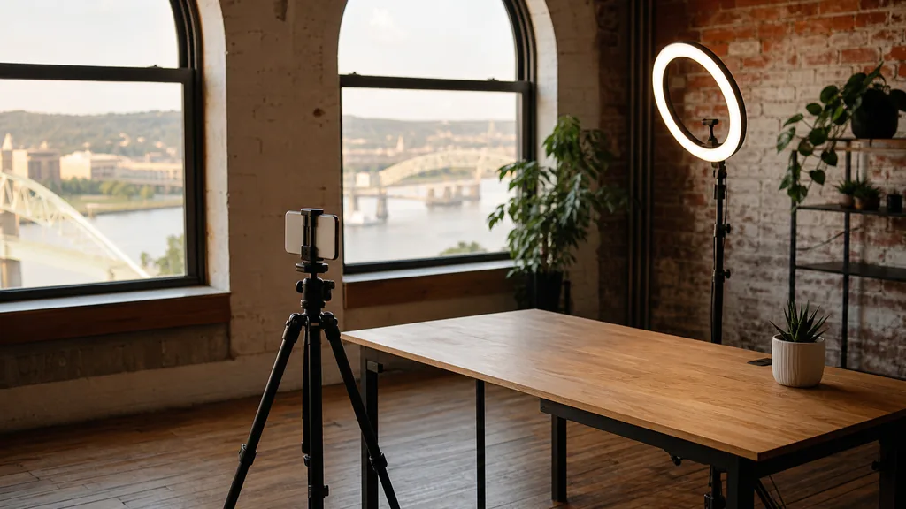 Editorial photograph of a Cincinnati content studio corner with a phone on a tripod and a ring light