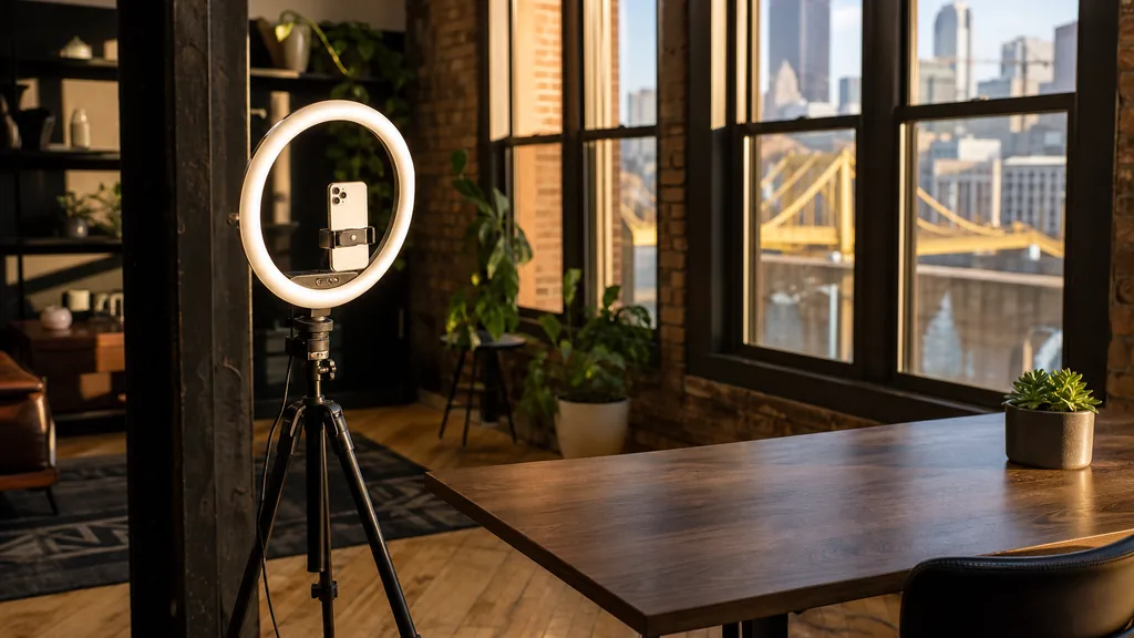 Editorial photograph of a Pittsburgh content studio corner with a phone on a tripod and a ring light