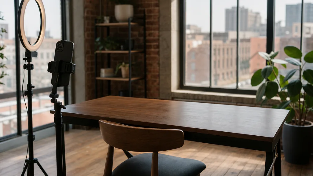 Editorial photograph of a St Louis content studio corner with a phone on a tripod and a ring light