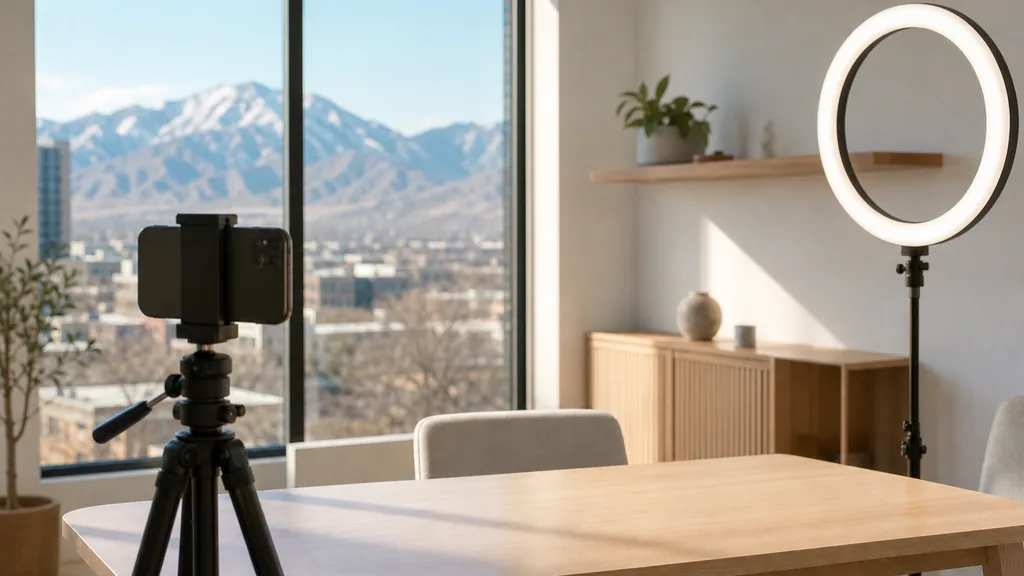 Editorial photograph of a Salt Lake City content studio corner with a phone on a tripod and a ring light