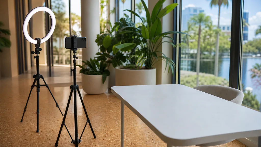 Editorial photograph of an Orlando content studio corner with a phone on a tripod and a ring light