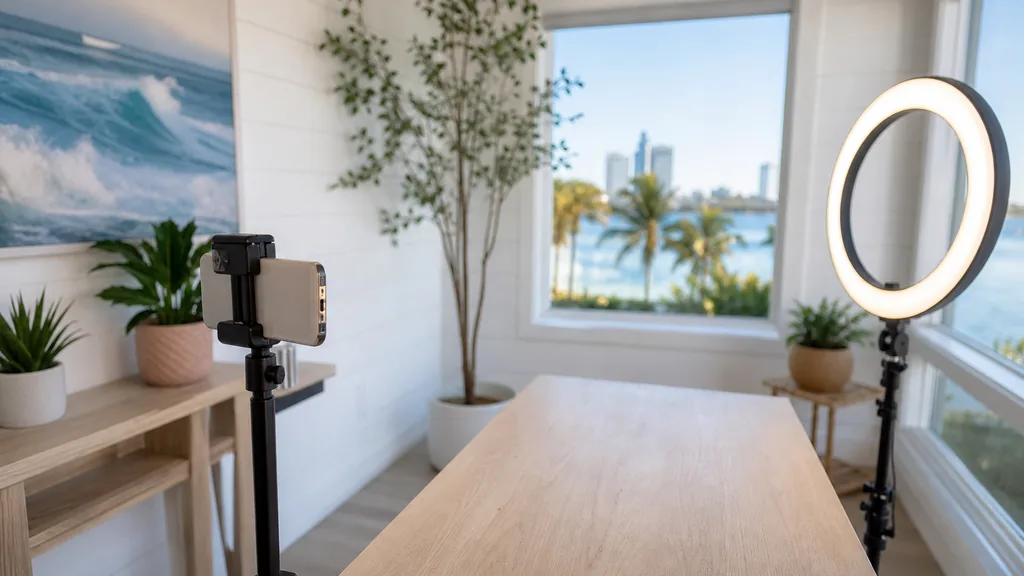 Editorial photograph of a Jacksonville content studio corner with a phone on a tripod and a ring light