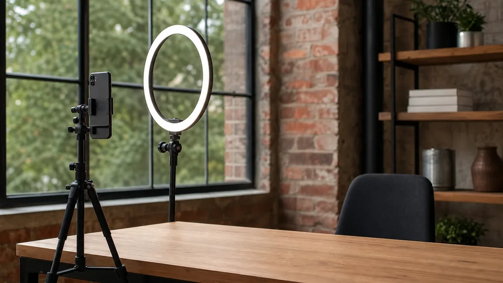 Editorial photograph of a Raleigh content studio corner with a phone on a tripod and a ring light