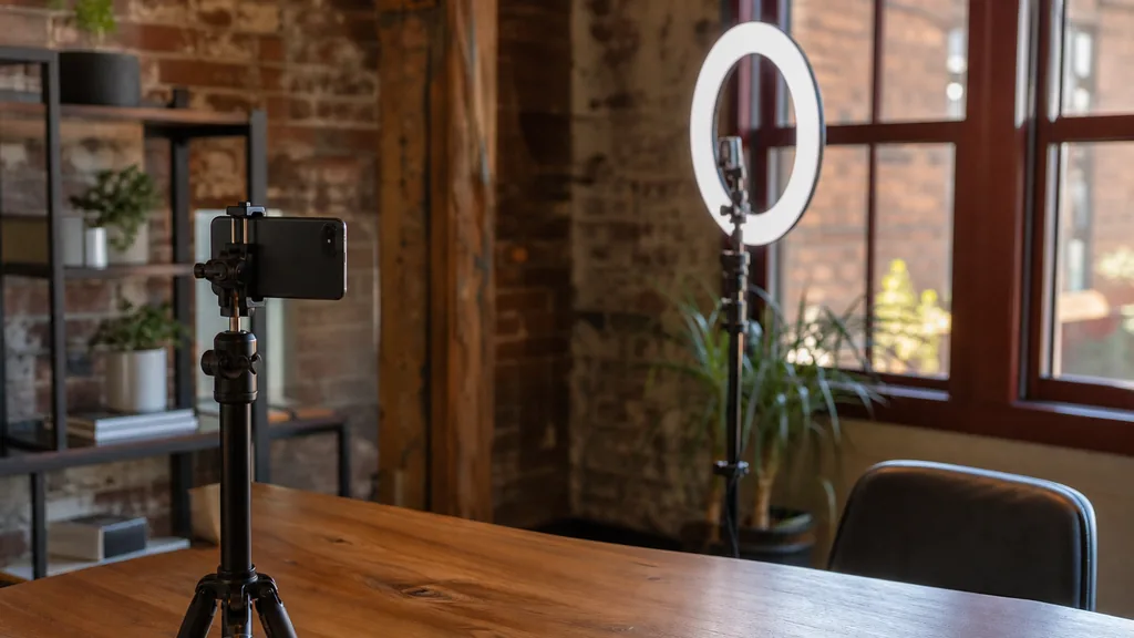 Editorial photograph of a Richmond content studio corner with a phone on a tripod and a ring light