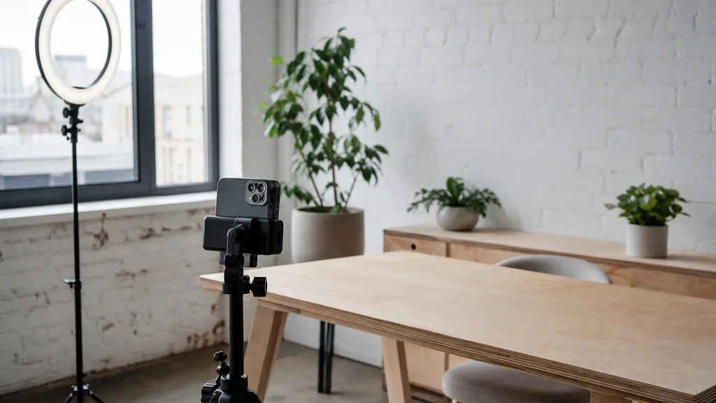 Editorial photograph of a Louisville content studio corner with a phone on a tripod and a ring light
