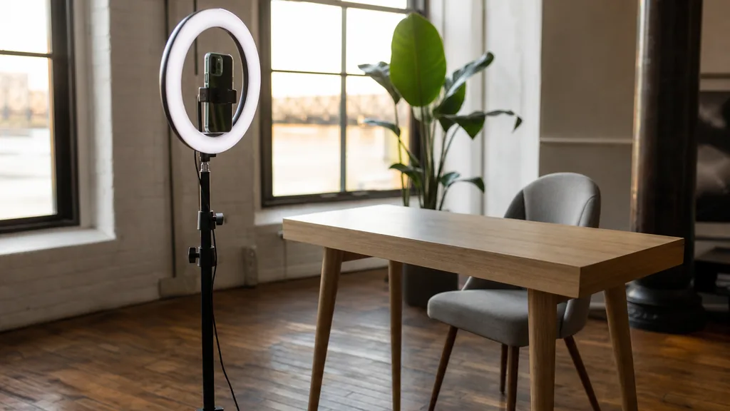 Editorial photograph of a Memphis content studio corner with a phone on a tripod and a ring light