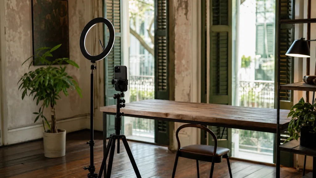 Editorial photograph of a New Orleans content studio corner with a phone on a tripod and a ring light