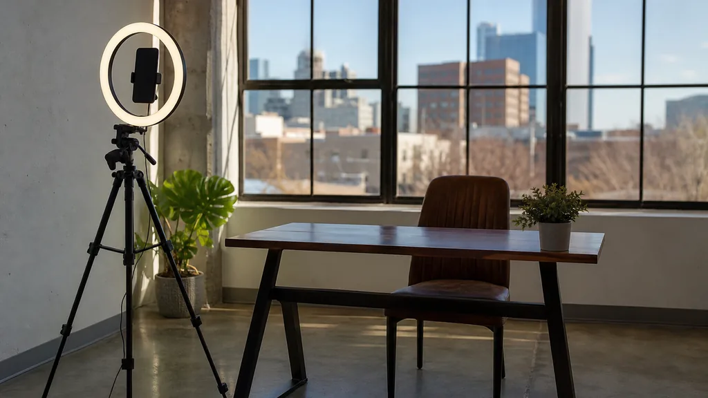 Editorial photograph of an Oklahoma City content studio corner with a phone on a tripod and a ring light