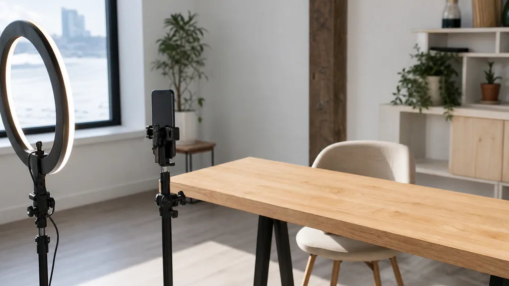 Editorial photograph of an Omaha content studio corner with a phone on a tripod and a ring light
