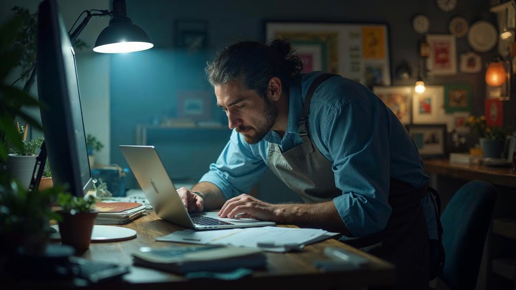 A small-business owner in an apron leaning over a laptop on a cluttered back-office desk late in the day, photographed in Manchester