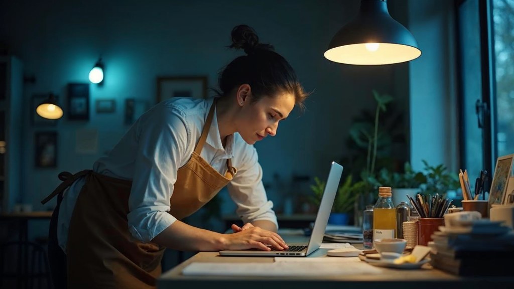 A small-business owner in an apron leaning over a laptop on a cluttered back-office desk late in the day, photographed in Manchester
