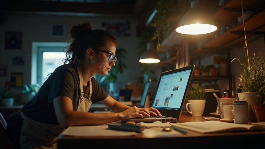 A small-business owner in an apron leaning over a laptop on a cluttered back-office desk late in the day, photographed in Manchester