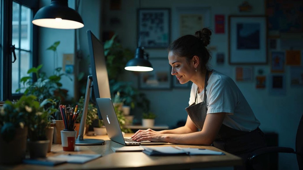 A small-business owner in an apron leaning over a laptop on a cluttered back-office desk late in the day, photographed in Manchester