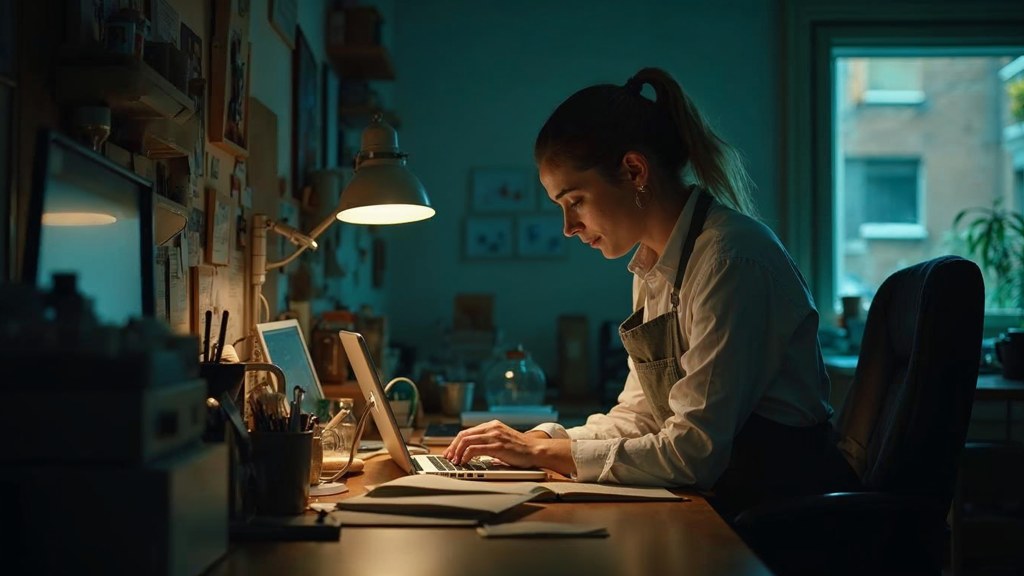 A small-business owner in an apron leaning over a laptop on a cluttered back-office desk late in the day, photographed in Manchester