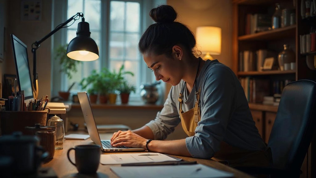 A small-business owner in an apron leaning over a laptop on a cluttered back-office desk late in the day, photographed in Manchester