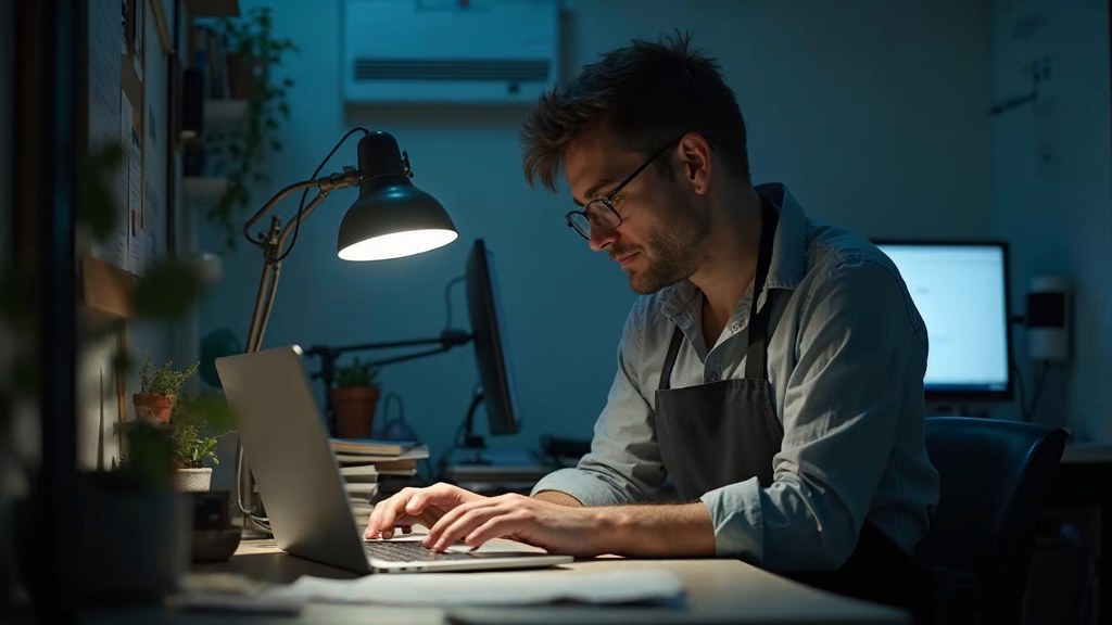 A small-business owner in an apron leaning over a laptop on a cluttered back-office desk late in the day, photographed in Manchester