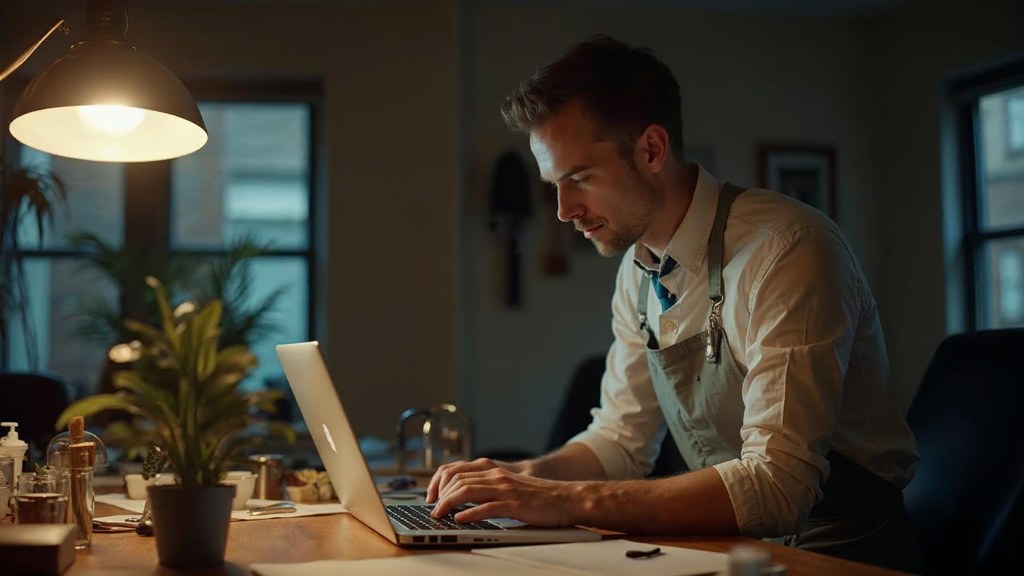 A small-business owner in an apron leaning over a laptop on a cluttered back-office desk late in the day, photographed in Manchester