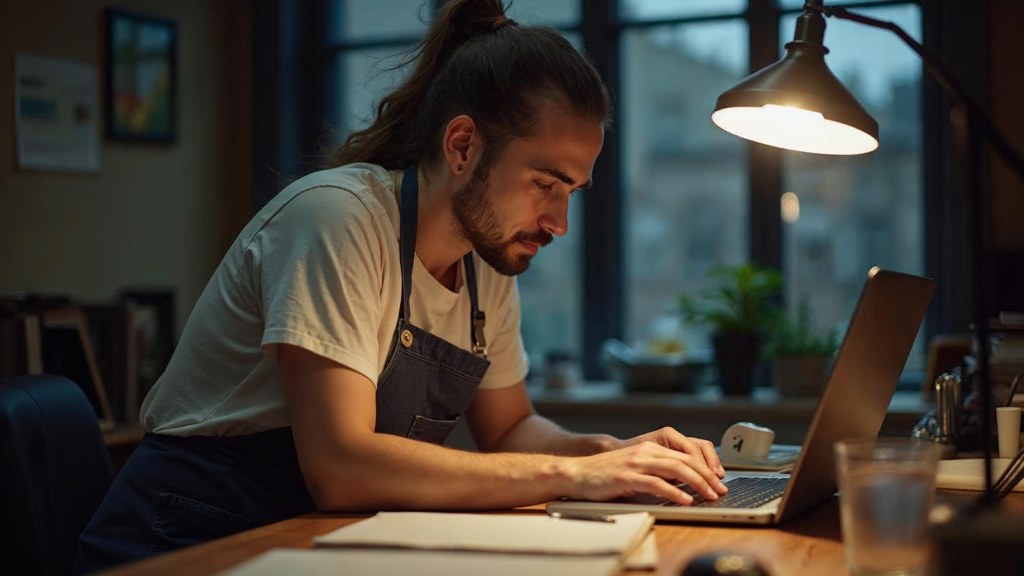 A small-business owner in an apron leaning over a laptop on a cluttered back-office desk late in the day, photographed in Manchester