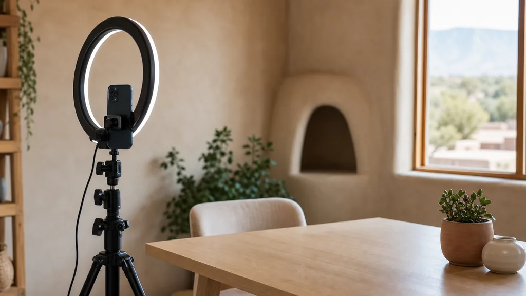 Editorial photograph of an Albuquerque content studio corner with a phone on a tripod and a ring light