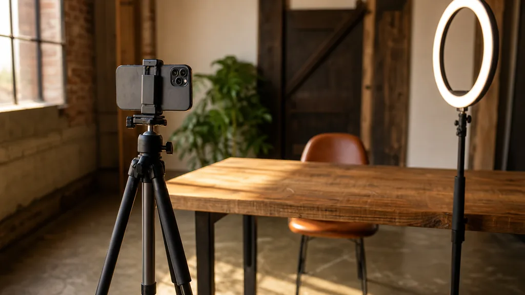 Editorial photograph of a Fort Worth content studio corner with a phone on a tripod and a ring light