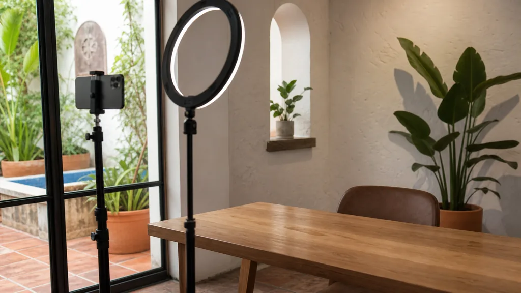 Editorial photograph of a San Antonio content studio corner with a phone on a tripod and a ring light