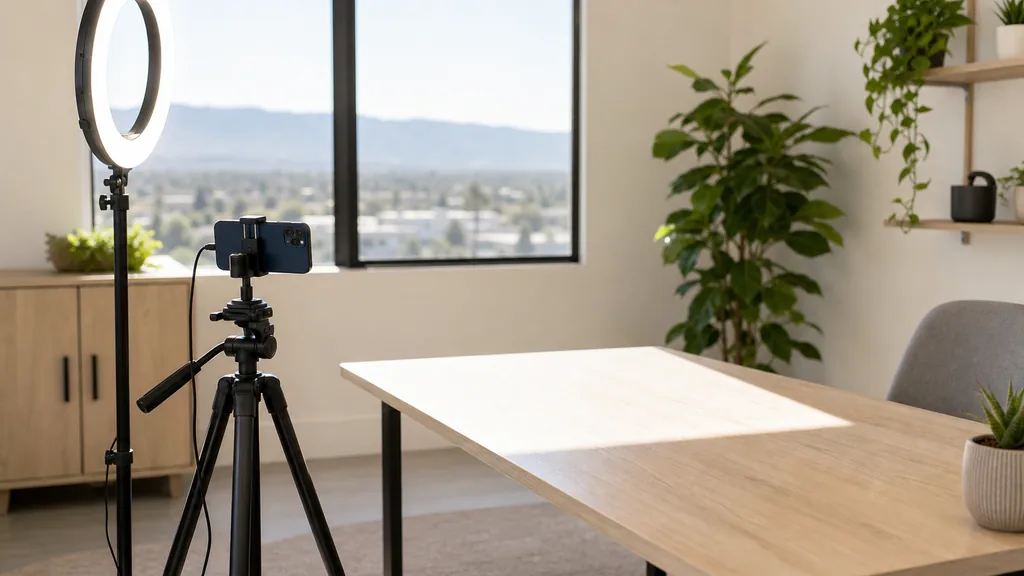 Editorial photograph of a San Jose content studio corner with a phone on a tripod and a ring light