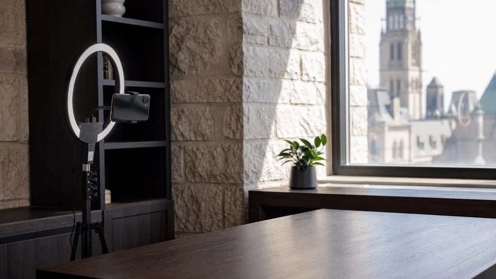 Editorial photograph of an Ottawa content studio corner with a phone on a tripod and a ring light