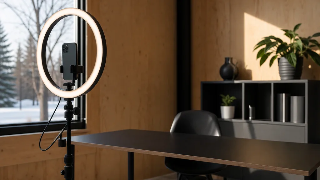 Editorial photograph of an Edmonton content studio corner with a phone on a tripod and a ring light