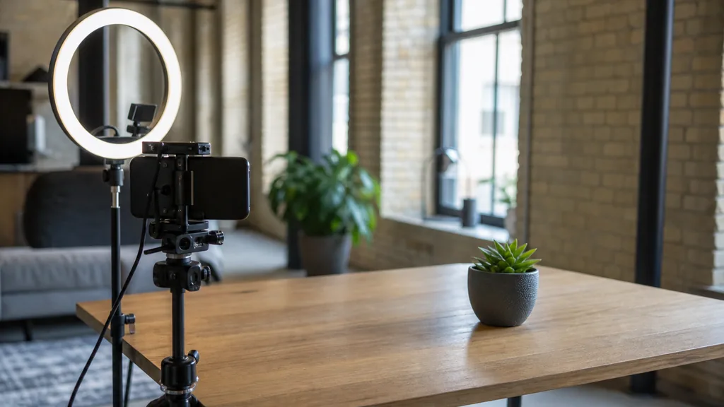Editorial photograph of a Winnipeg content studio corner with a phone on a tripod and a ring light