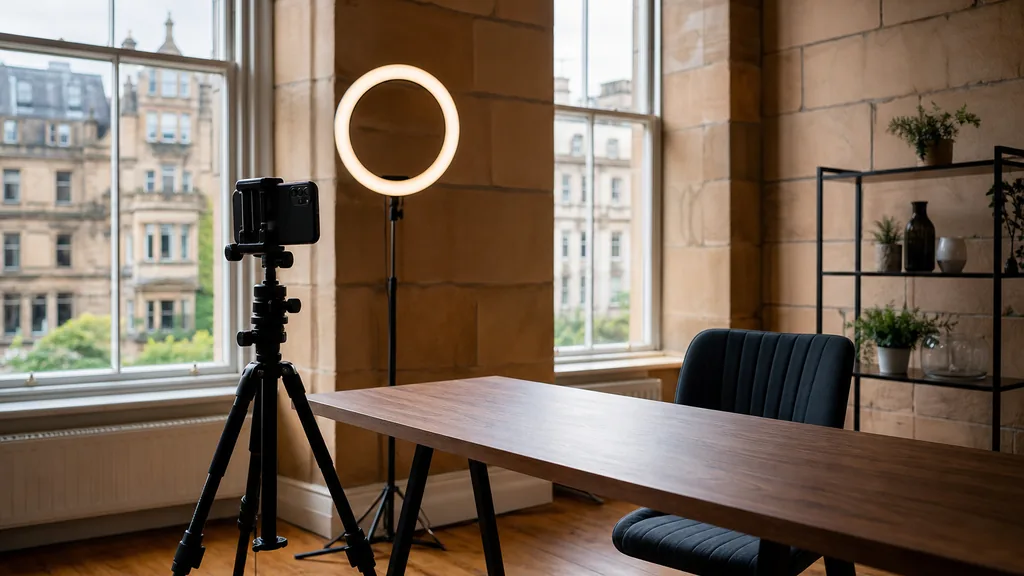 Editorial photograph of a Glasgow content studio corner with a phone on a tripod and a ring light