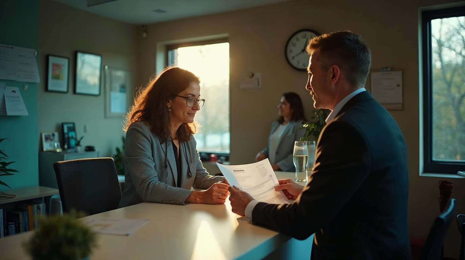 Med spa group owner and clinical director reviewing a printed treatment revenue summary at a clinic reception counter
