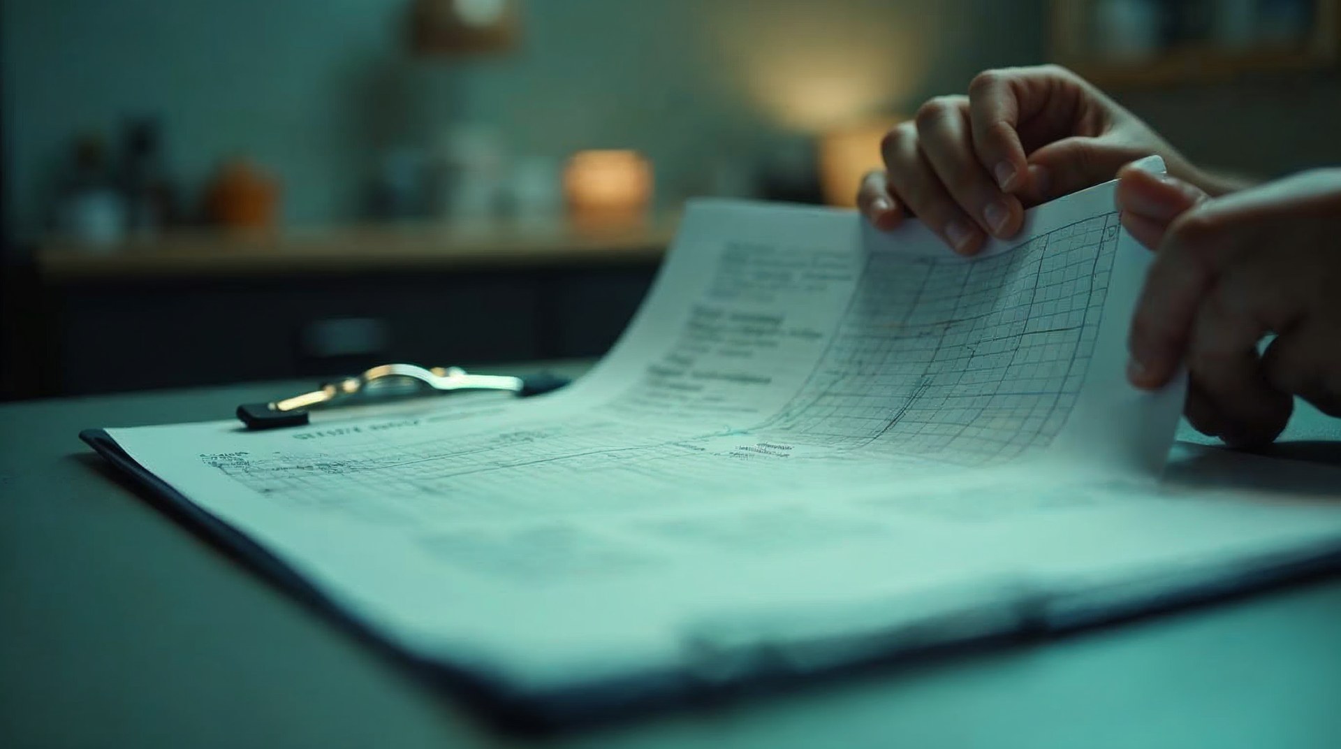 Hand-drawn per-visit spend chart on grid paper clipped to a clipboard on a clinic countertop
